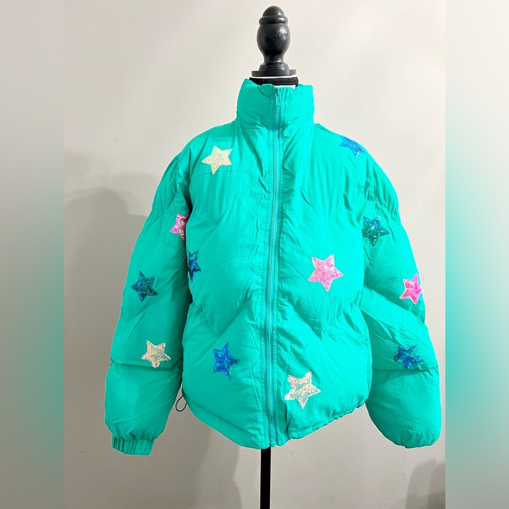 Teal Green Star Sequins Zip Up Puffer Jacket - Picture 7 of 13